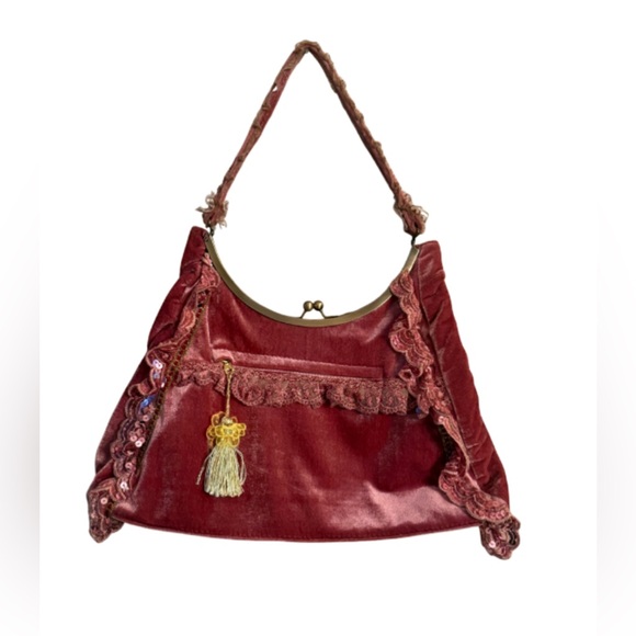 Nicole Lee Velvet Lace Embellished Bag Purse Pink Boho Girlhood Maximalist - Picture 2 of 10